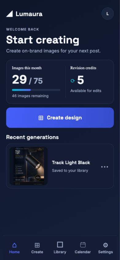 Live GraphicBeast client dashboard showing monthly image allowance, revision credits and a recent generation